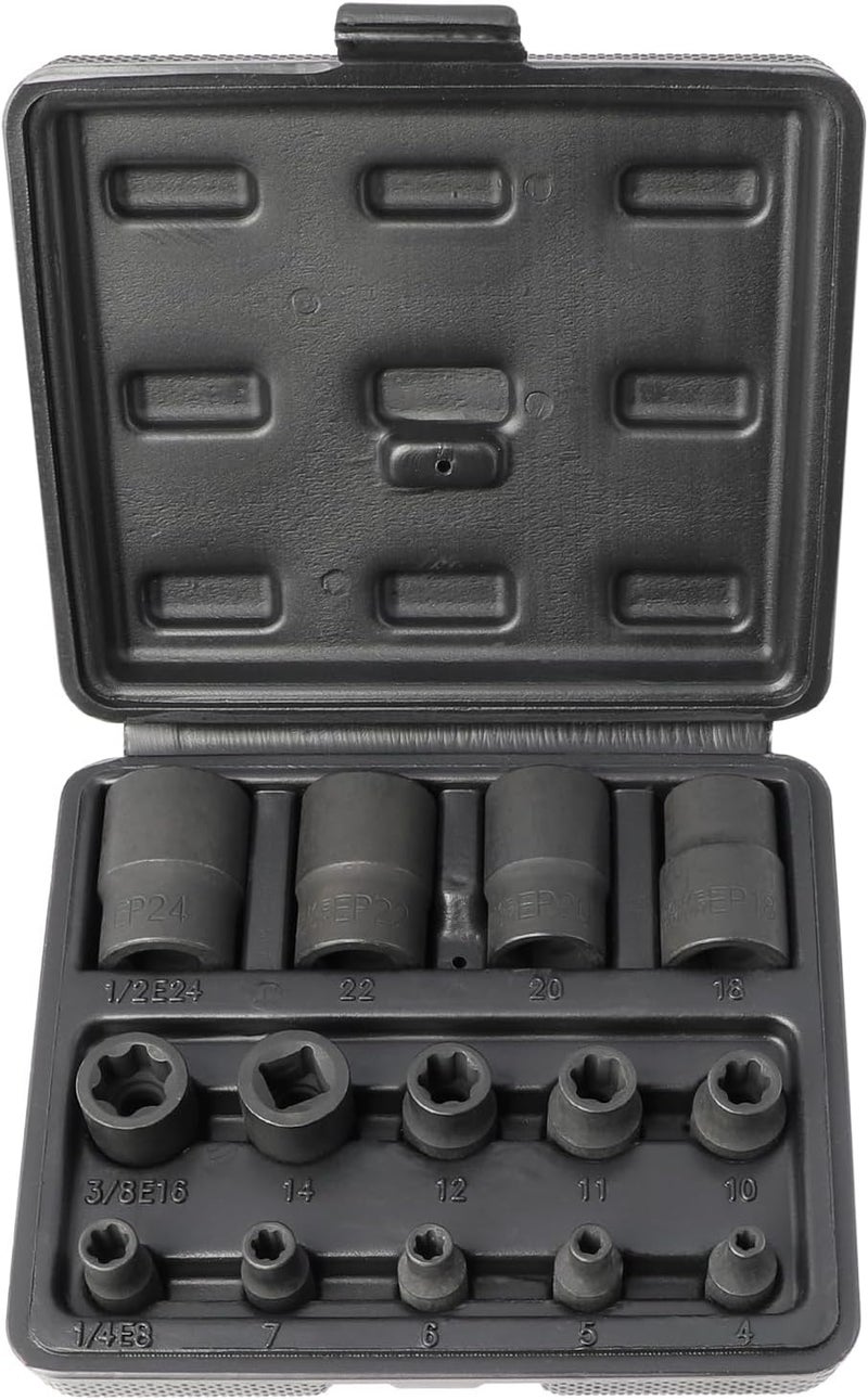DPTOOL مجموعة مفاتيح توكس بلس الخارجية 6 نقاط EP Socket EP4، EP5، EP6، EP7، EP8، EP10، EP11، EP12، EP14، EP16، EP18، EP20، EP22، EP24 مع 1/2'' 3/8'' 1/4'' د. توكس بلس 14 قطعة - Image 1
